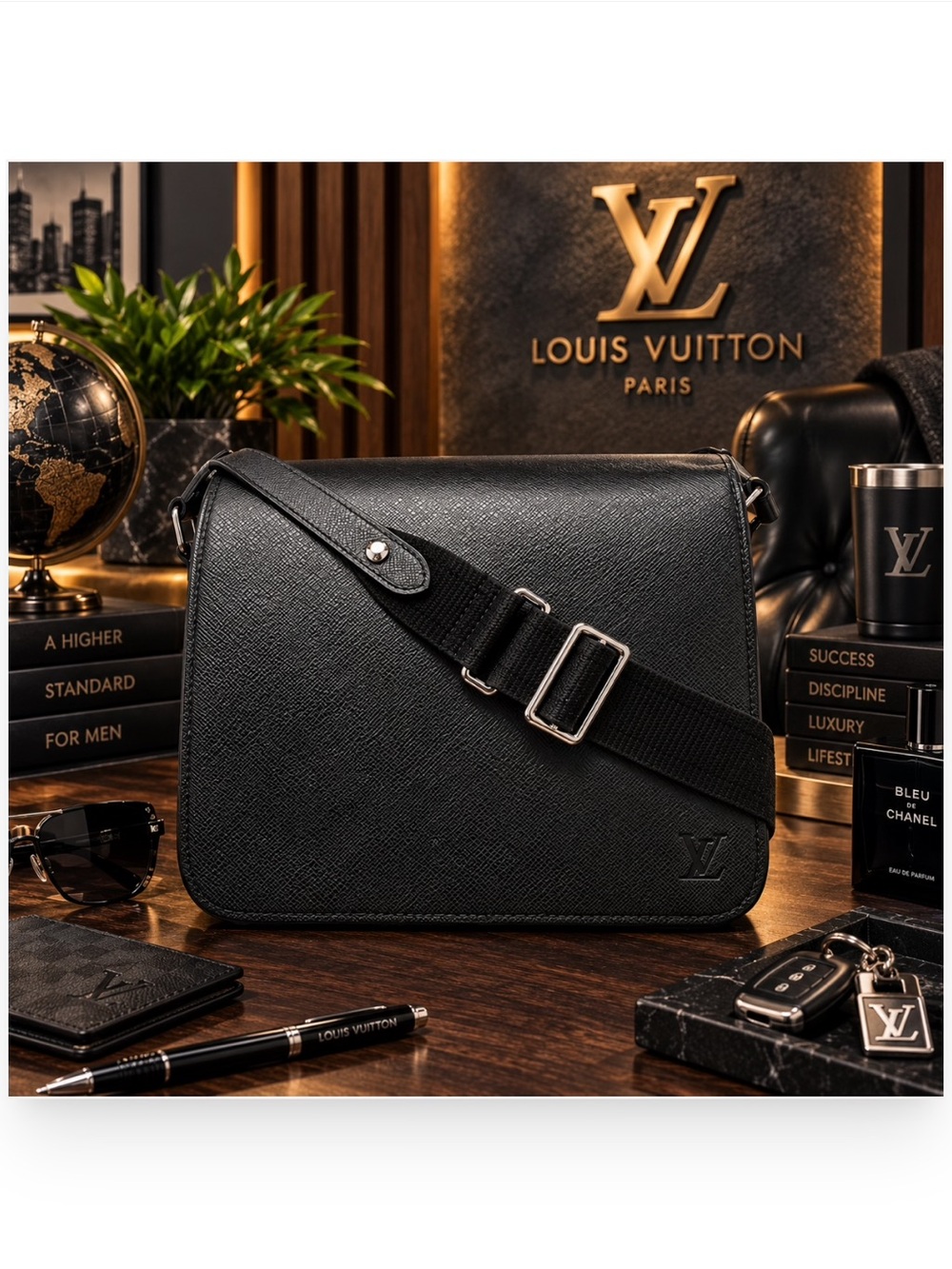 Authentic Louis Vuitton Black Crossbody Messenger Bag with Adjustable Strap